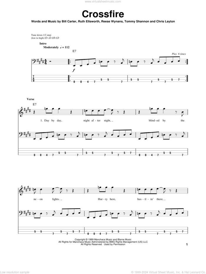 Crossfire sheet music for bass (tablature) (bass guitar) by Stevie Ray Vaughan, Bill Carter, Chris Layton, Reese Wynans, Ruth Ellsworth and Tommy Shannon, intermediate skill level