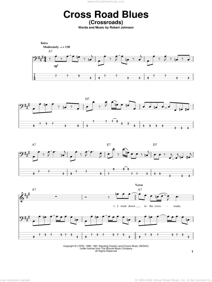 Cross Road Blues (Crossroads) sheet music for bass (tablature) (bass guitar) by Cream, Eric Clapton and Robert Johnson, intermediate skill level