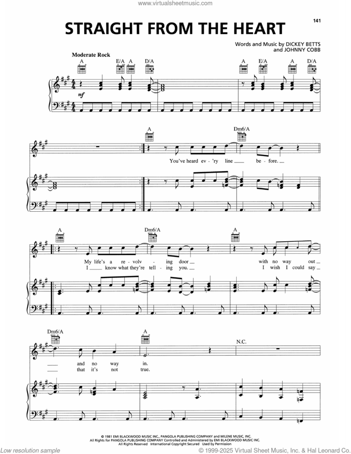 Straight From The Heart sheet music for voice, piano or guitar by The Allman Brothers Band, Dickey Betts and Johnny Cobb, intermediate skill level