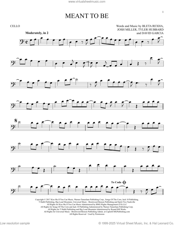 Meant To Be (feat. Florida Georgia Line) sheet music for cello solo by Bebe Rexha, Bleta Rexha, David Garcia, Josh Miller and Tyler Hubbard, intermediate skill level