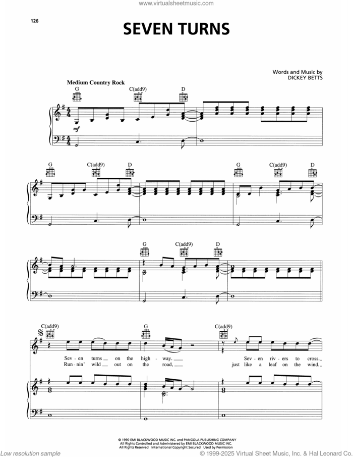 Seven Turns sheet music for voice, piano or guitar by The Allman Brothers Band and Dickey Betts, intermediate skill level