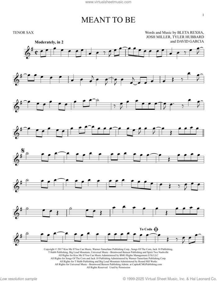 Meant To Be (feat. Florida Georgia Line) sheet music for tenor saxophone solo by Bebe Rexha, Bleta Rexha, David Garcia, Josh Miller and Tyler Hubbard, intermediate skill level