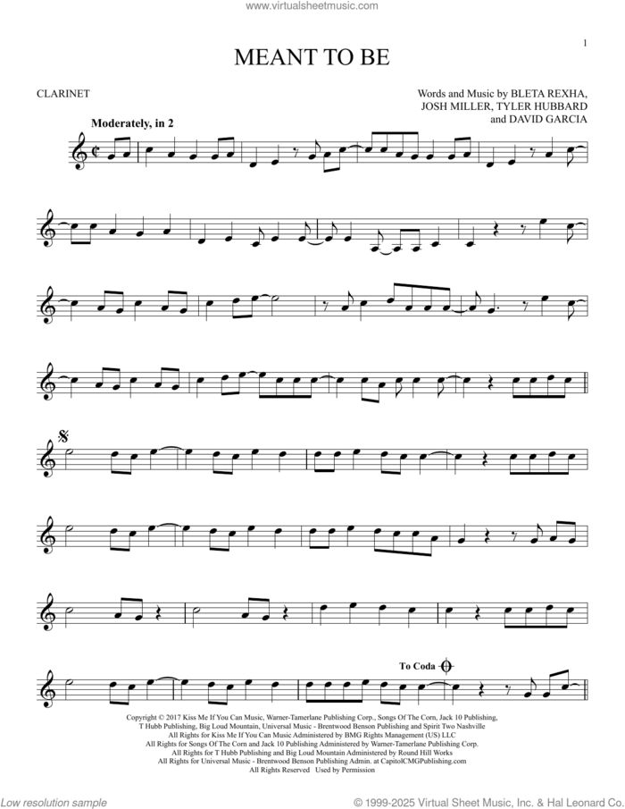 Meant To Be (feat. Florida Georgia Line) sheet music for clarinet solo by Bebe Rexha, Bleta Rexha, David Garcia, Josh Miller and Tyler Hubbard, intermediate skill level