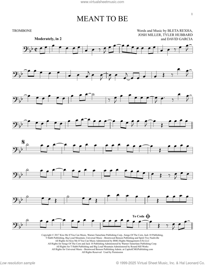 Meant To Be (feat. Florida Georgia Line) sheet music for trombone solo by Bebe Rexha, Bleta Rexha, David Garcia, Josh Miller and Tyler Hubbard, intermediate skill level