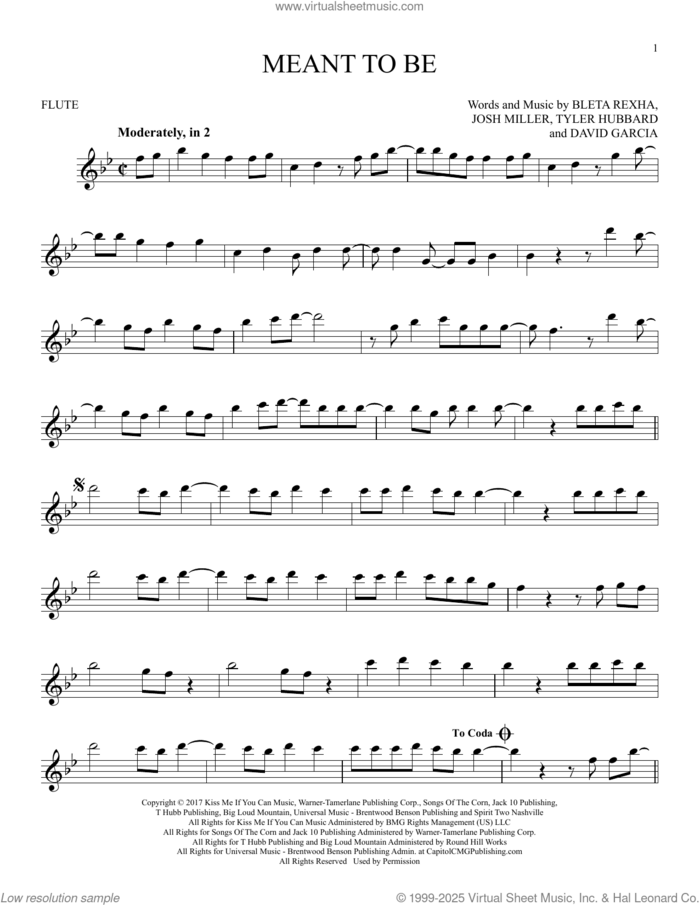 Meant To Be (feat. Florida Georgia Line) sheet music for flute solo by Bebe Rexha, Bleta Rexha, David Garcia, Josh Miller and Tyler Hubbard, intermediate skill level