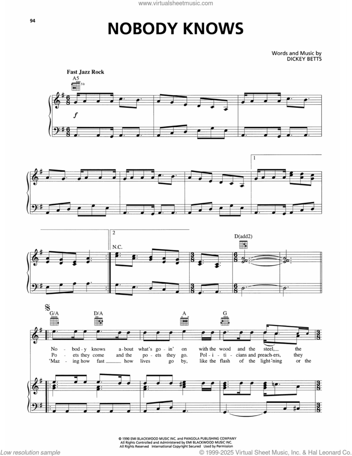 Nobody Knows sheet music for voice, piano or guitar by The Allman Brothers Band and Dickey Betts, intermediate skill level