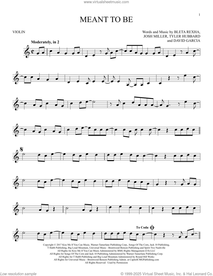 Meant To Be (feat. Florida Georgia Line) sheet music for violin solo by Bebe Rexha, Bleta Rexha, David Garcia, Josh Miller and Tyler Hubbard, intermediate skill level