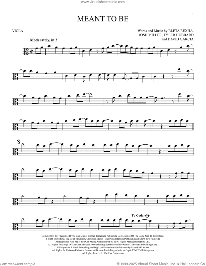 Meant To Be (feat. Florida Georgia Line) sheet music for viola solo by Bebe Rexha, Bleta Rexha, David Garcia, Josh Miller and Tyler Hubbard, intermediate skill level