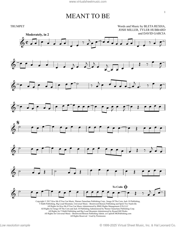 Meant To Be (feat. Florida Georgia Line) sheet music for trumpet solo by Bebe Rexha, Bleta Rexha, David Garcia, Josh Miller and Tyler Hubbard, intermediate skill level