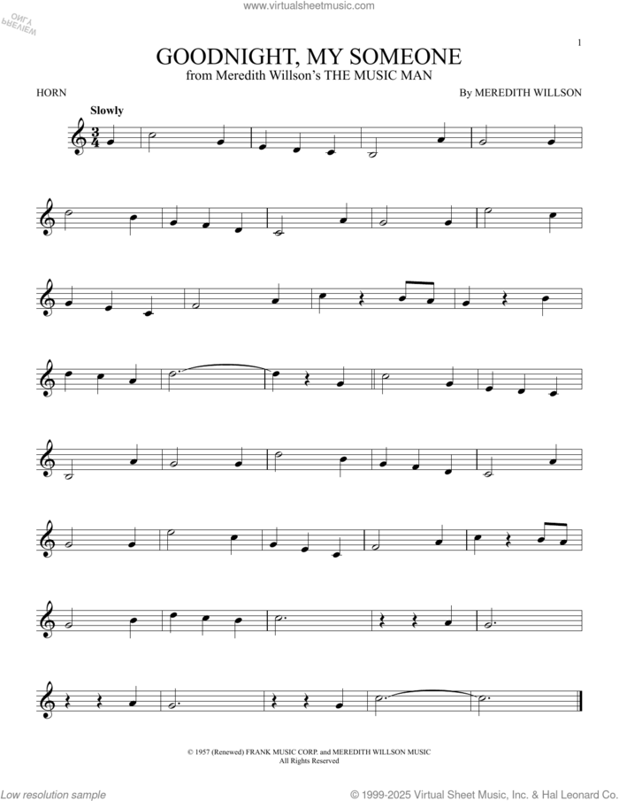 Goodnight, My Someone (from The Music Man) sheet music for horn solo by Meredith Willson, intermediate skill level