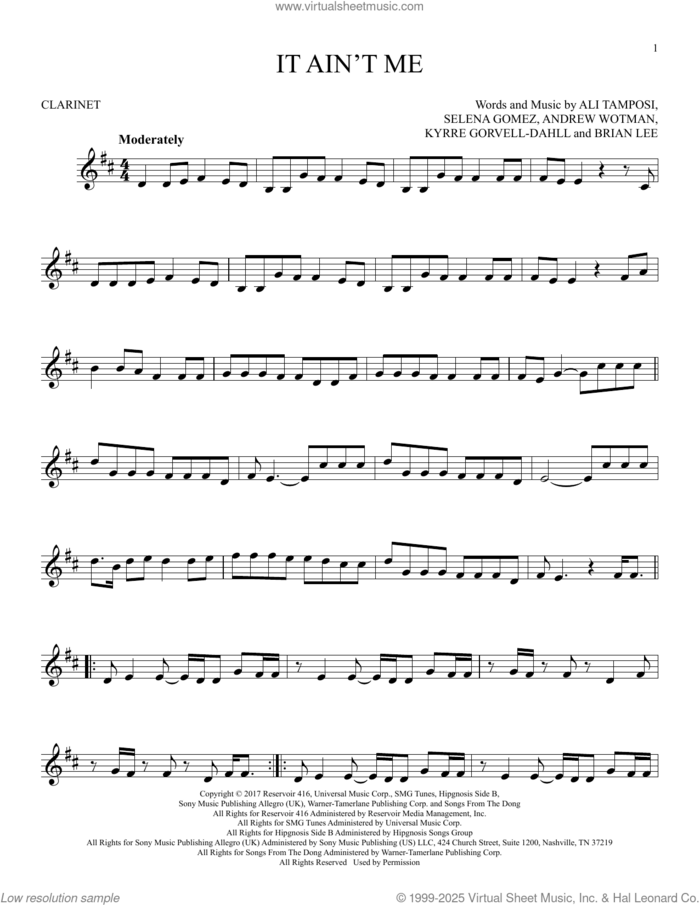 It Ain't Me sheet music for clarinet solo by Kygo and Selena Gomez, Ali Tamposi, Andrew Wotman, Brian Lee, Kyrre Gorvell-Dahll and Selena Gomez, intermediate skill level