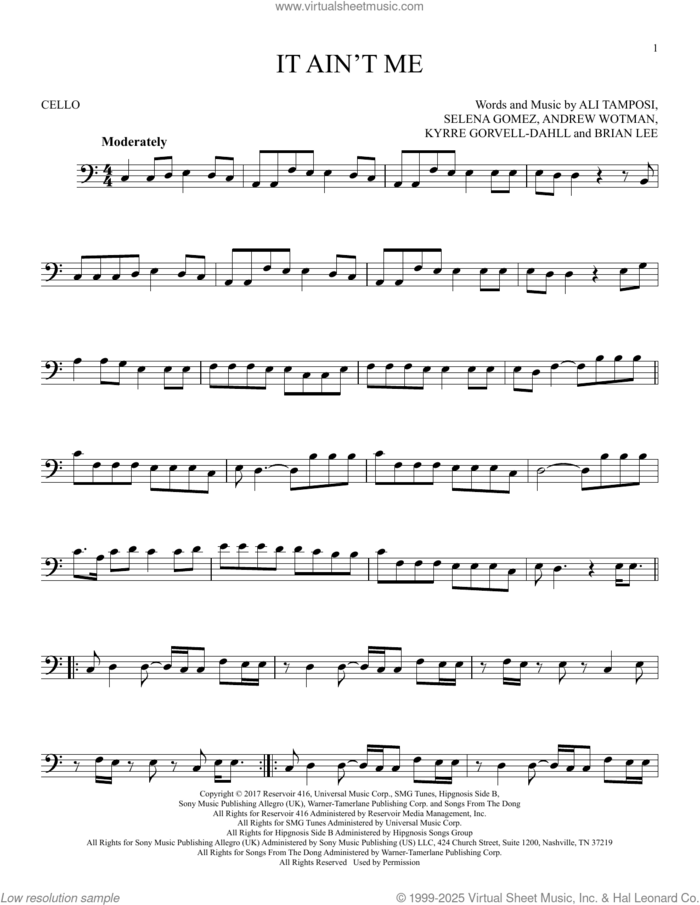 It Ain't Me sheet music for cello solo by Kygo and Selena Gomez, Ali Tamposi, Andrew Wotman, Brian Lee, Kyrre Gorvell-Dahll and Selena Gomez, intermediate skill level