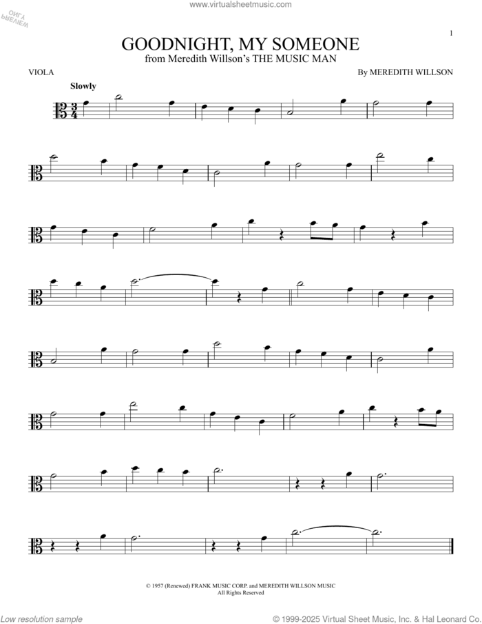 Goodnight, My Someone (from The Music Man) sheet music for viola solo by Meredith Willson, intermediate skill level