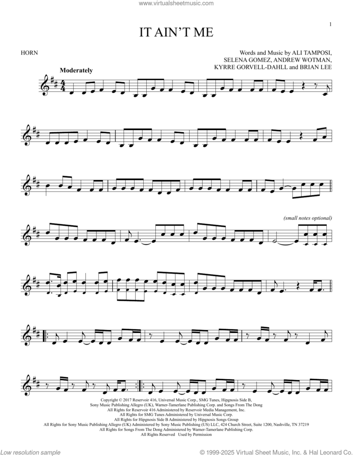 It Ain't Me sheet music for horn solo by Kygo and Selena Gomez, Ali Tamposi, Andrew Wotman, Brian Lee, Kyrre Gorvell-Dahll and Selena Gomez, intermediate skill level