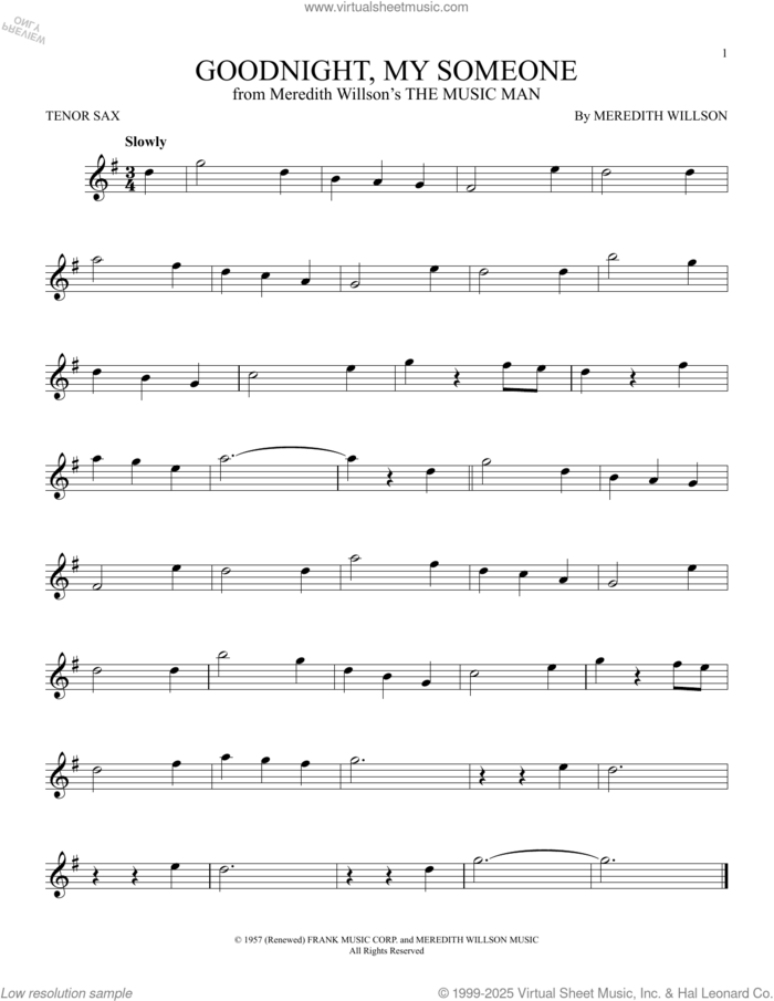 Goodnight, My Someone (from The Music Man) sheet music for tenor saxophone solo by Meredith Willson, intermediate skill level