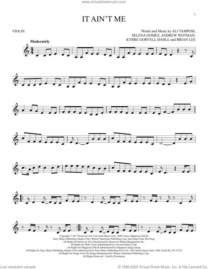 It Ain't Me sheet music for violin solo by Kygo and Selena Gomez, Ali Tamposi, Andrew Wotman, Brian Lee, Kyrre Gorvell-Dahll and Selena Gomez, intermediate skill level