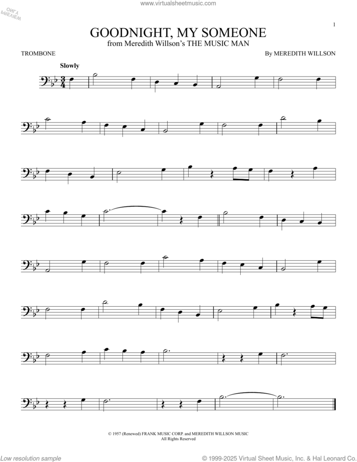 Goodnight, My Someone (from The Music Man) sheet music for trombone solo by Meredith Willson, intermediate skill level