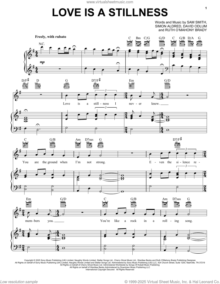 Love Is A Stillness sheet music for voice, piano or guitar by Sam Smith, David Odlum and Simon Aldred, intermediate skill level