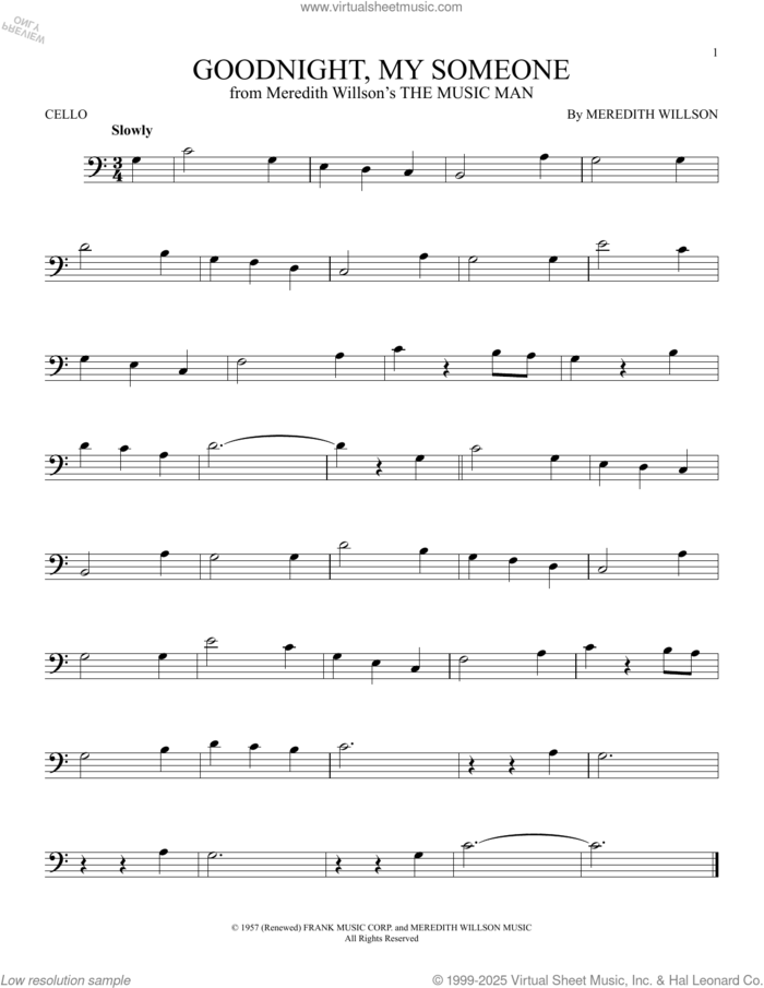 Goodnight, My Someone (from The Music Man) sheet music for cello solo by Meredith Willson, intermediate skill level