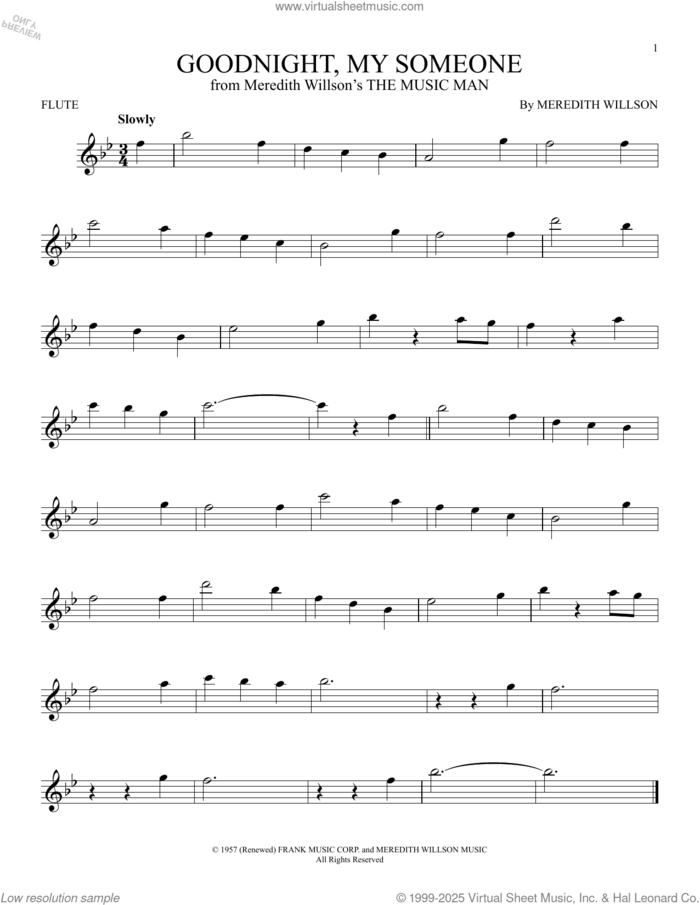 Goodnight, My Someone (from The Music Man) sheet music for flute solo by Meredith Willson, intermediate skill level