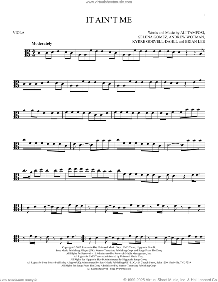 It Ain't Me sheet music for viola solo by Kygo and Selena Gomez, Ali Tamposi, Andrew Wotman, Brian Lee, Kyrre Gorvell-Dahll and Selena Gomez, intermediate skill level