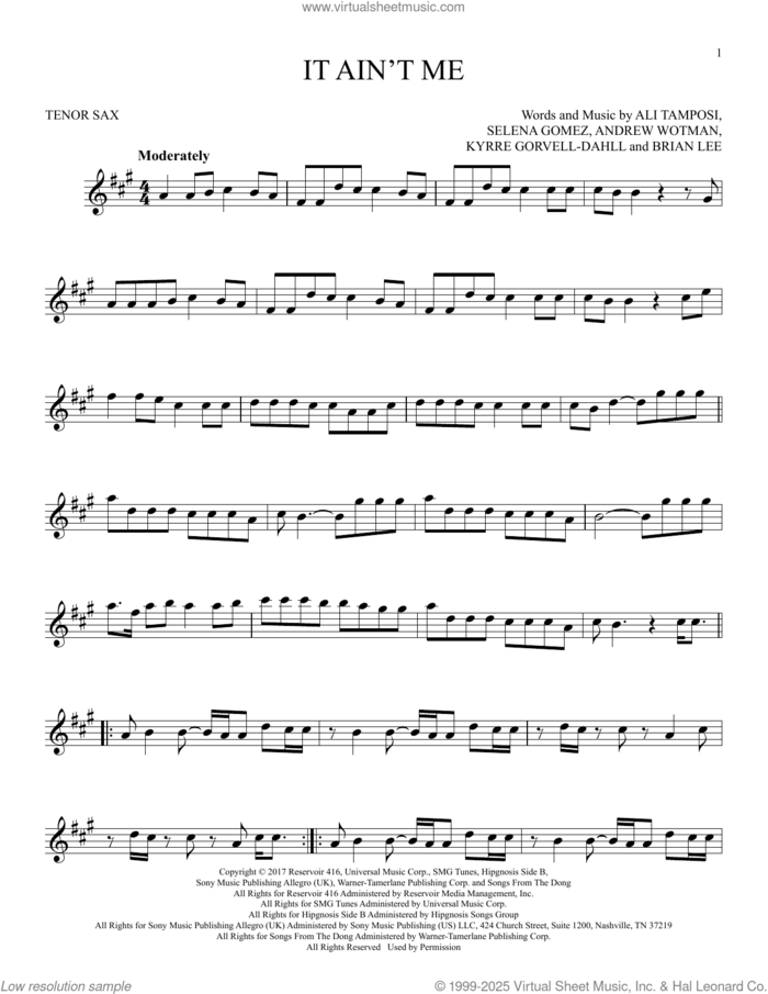 It Ain't Me sheet music for tenor saxophone solo by Kygo and Selena Gomez, Ali Tamposi, Andrew Wotman, Brian Lee, Kyrre Gorvell-Dahll and Selena Gomez, intermediate skill level