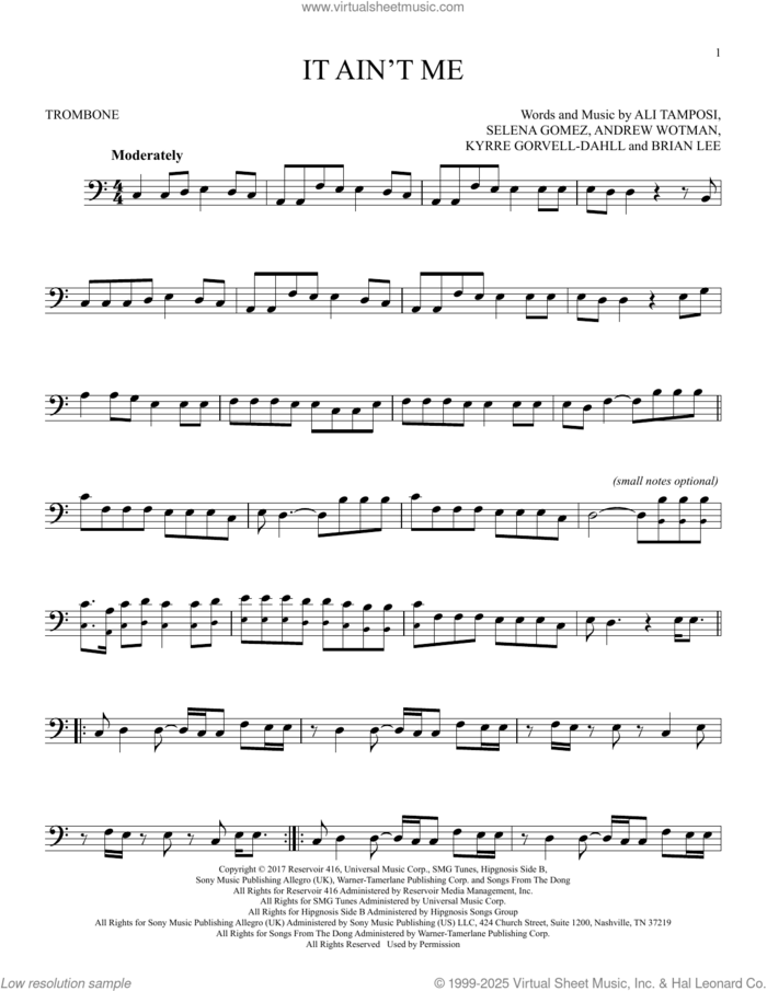 It Ain't Me sheet music for trombone solo by Kygo and Selena Gomez, Ali Tamposi, Andrew Wotman, Brian Lee, Kyrre Gorvell-Dahll and Selena Gomez, intermediate skill level