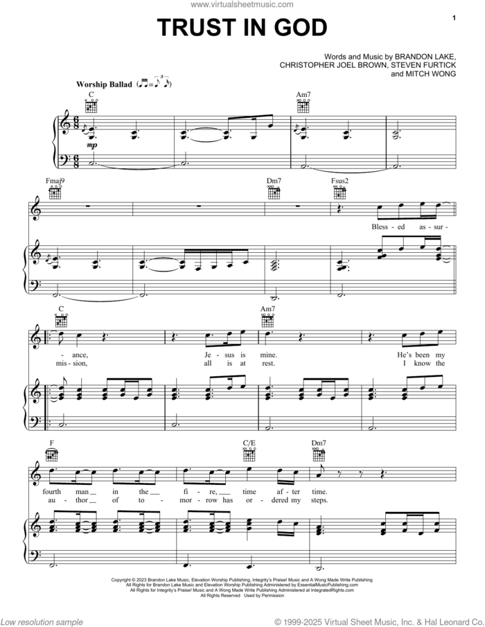 Trust In God sheet music for voice, piano or guitar by Elevation Worship, Brandon Lake, Christopher Joel Brown, Mitch Wong and Steven Furtick, intermediate skill level