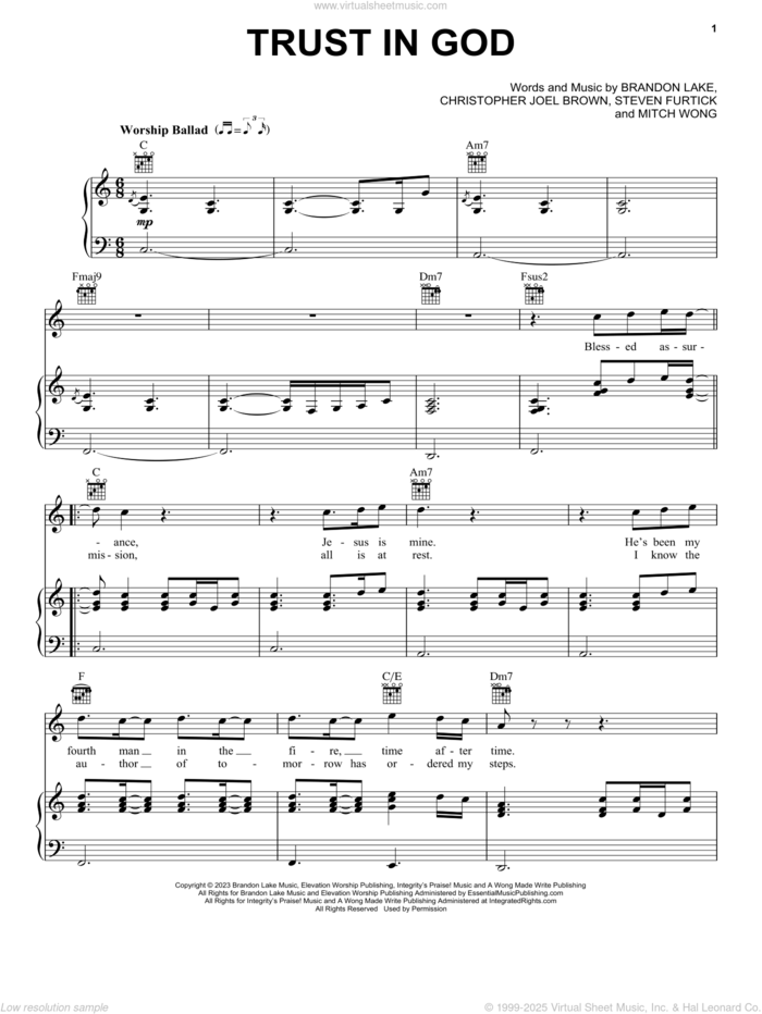 Trust In God sheet music for voice, piano or guitar by Elevation Worship, Brandon Lake, Christopher Joel Brown, Mitch Wong and Steven Furtick, intermediate skill level
