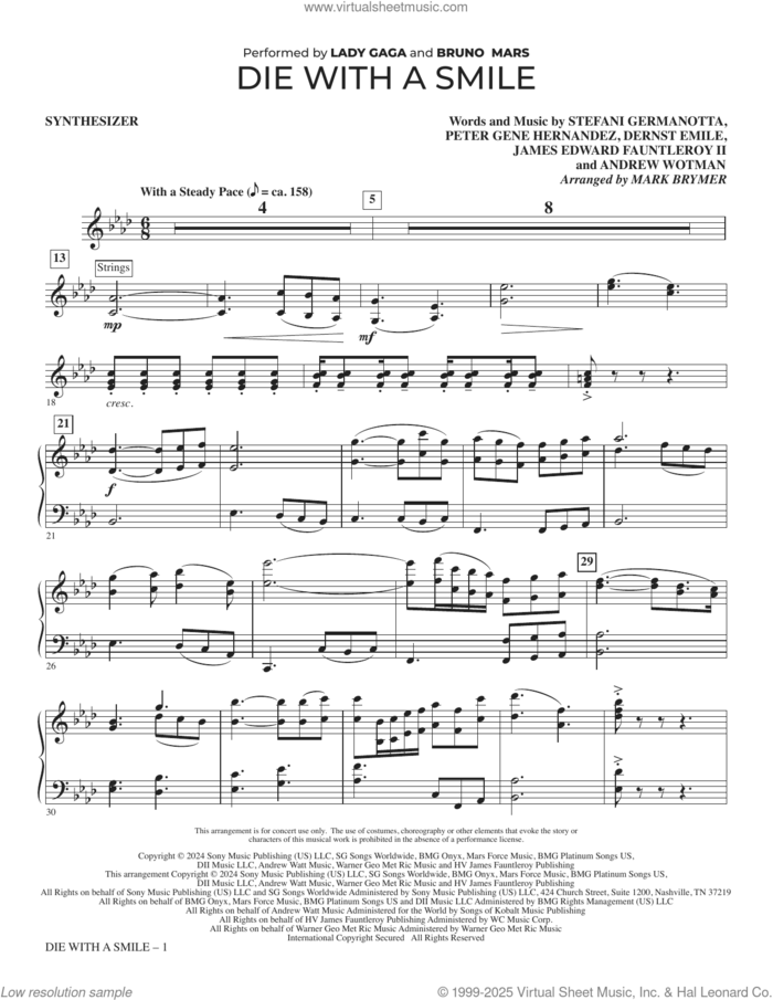 Die With A Smile (arr. Mark Brymer) (complete set of parts) sheet music for orchestra/band (Rhythm) by Mark Brymer, Andrew Wotman (Andrew Watt), Bruno Mars & Lady Gaga, Dernst Emile, James Edward Fauntleroy Ii, James Fauntleroy, Lady Gaga and Peter Gene Hernandez, intermediate skill level