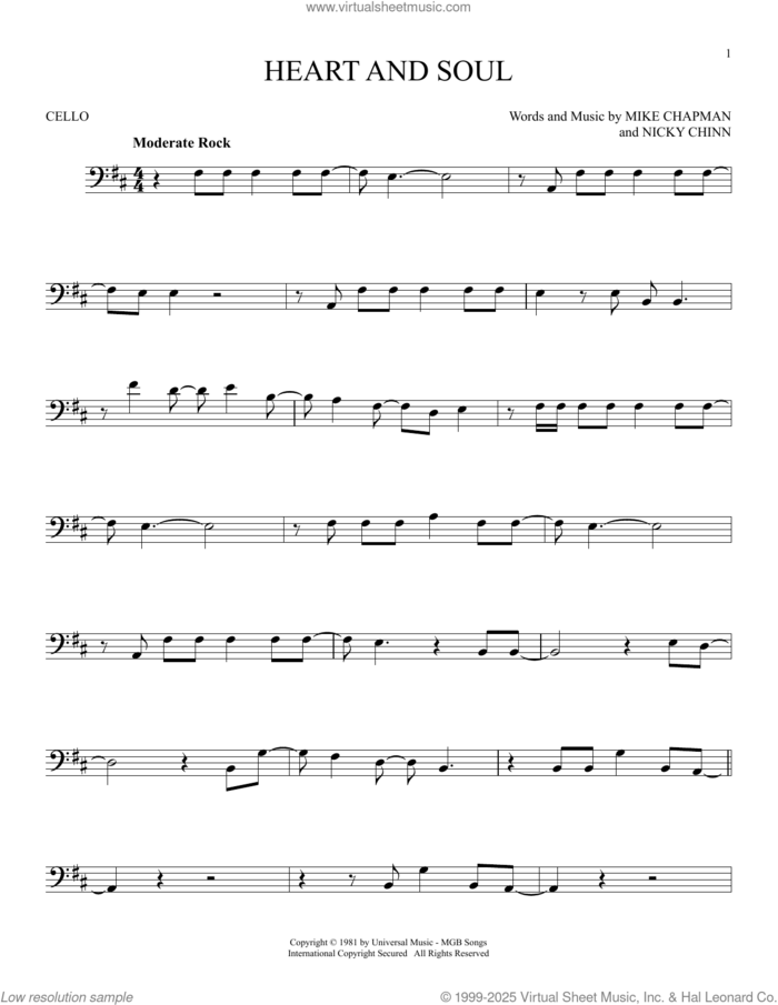 Heart And Soul sheet music for cello solo by Huey Lewis, Mike Chapman and Nicky Chinn, intermediate skill level