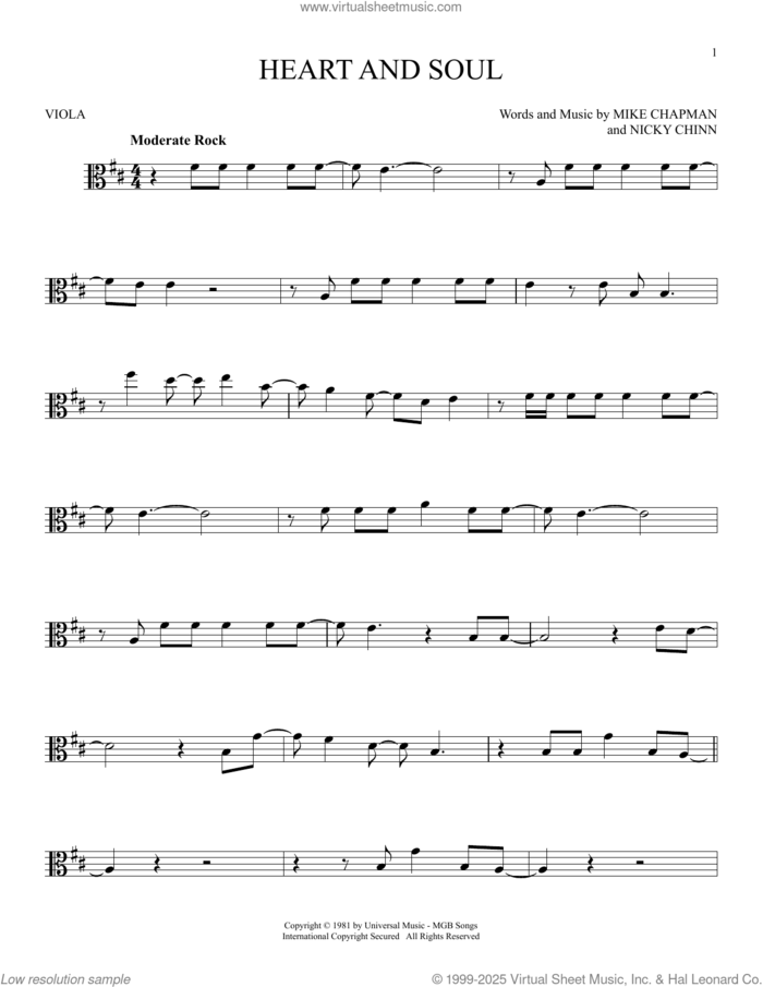 Heart And Soul sheet music for viola solo by Huey Lewis, Mike Chapman and Nicky Chinn, intermediate skill level