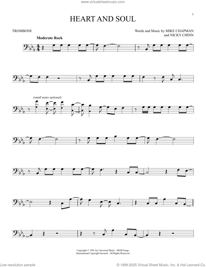 Heart And Soul sheet music for trombone solo by Huey Lewis, Mike Chapman and Nicky Chinn, intermediate skill level