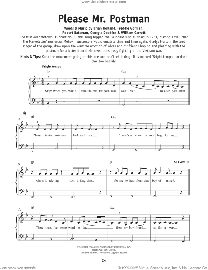 Please Mr. Postman, (beginner) sheet music for piano solo by The Marvelettes, Brian Holland, Freddie Gorman, Georgia Dobbins, Robert Bateman and William Garrett, beginner skill level