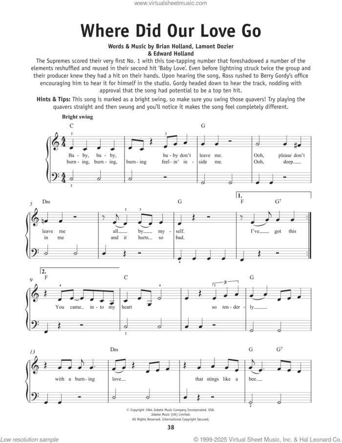 Where Did Our Love Go, (beginner) sheet music for piano solo by The Supremes, Brian Holland, Eddie Holland and Lamont Dozier, beginner skill level