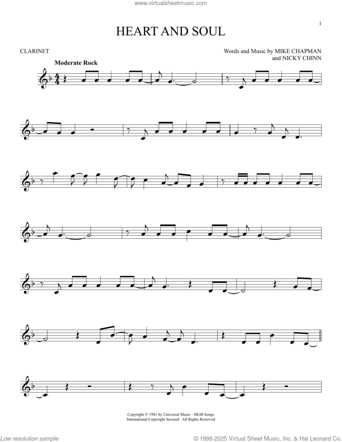 Heart And Soul sheet music for clarinet solo by Huey Lewis, Mike Chapman and Nicky Chinn, intermediate skill level