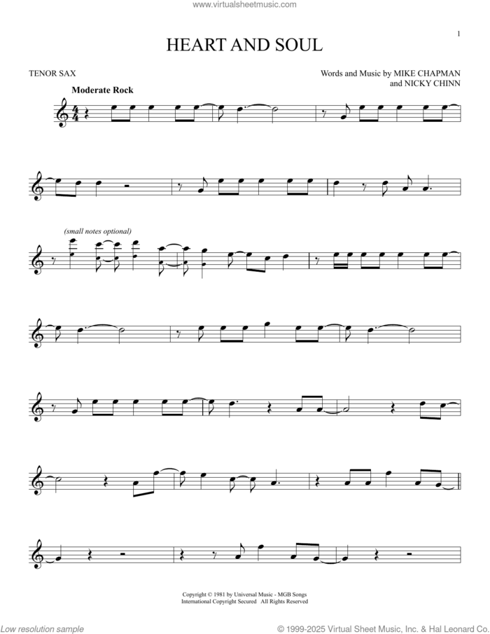 Heart And Soul sheet music for tenor saxophone solo by Huey Lewis, Mike Chapman and Nicky Chinn, intermediate skill level