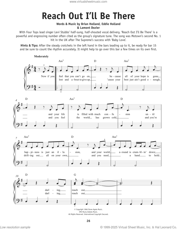 Reach Out I'll Be There sheet music for piano solo by The Four Tops, Brian Holland, Edward Holland Jr. and Lamont Dozier, beginner skill level