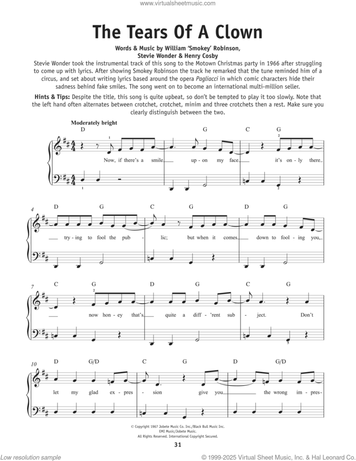 The Tears Of A Clown, (beginner) sheet music for piano solo by Smokey Robinson & The Miracles, Henry Cosby and Stevie Wonder, beginner skill level