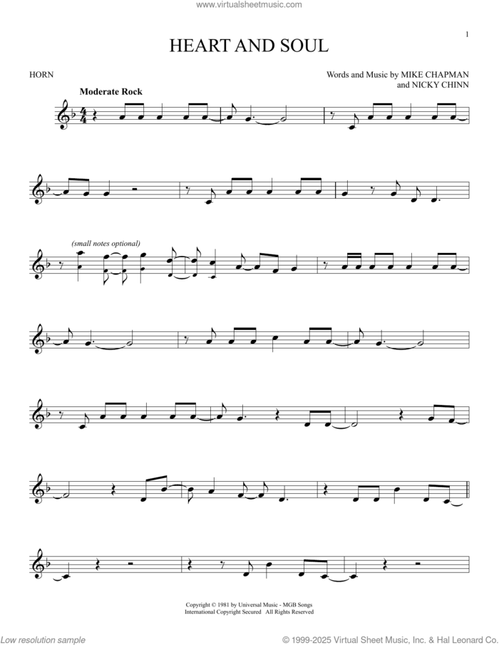Heart And Soul sheet music for horn solo by Huey Lewis, Mike Chapman and Nicky Chinn, intermediate skill level