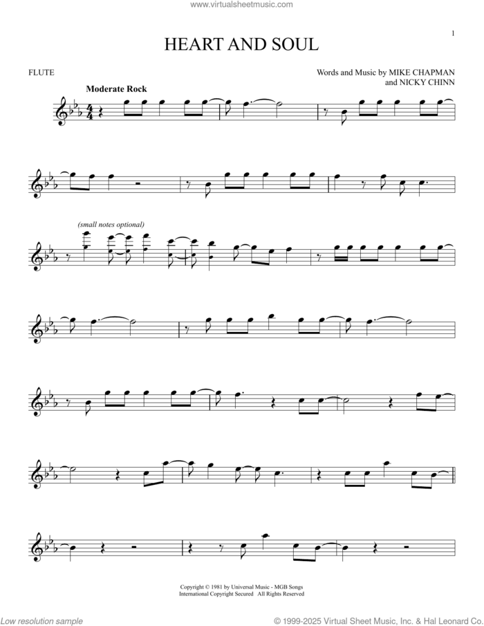 Heart And Soul sheet music for flute solo by Huey Lewis, Mike Chapman and Nicky Chinn, intermediate skill level