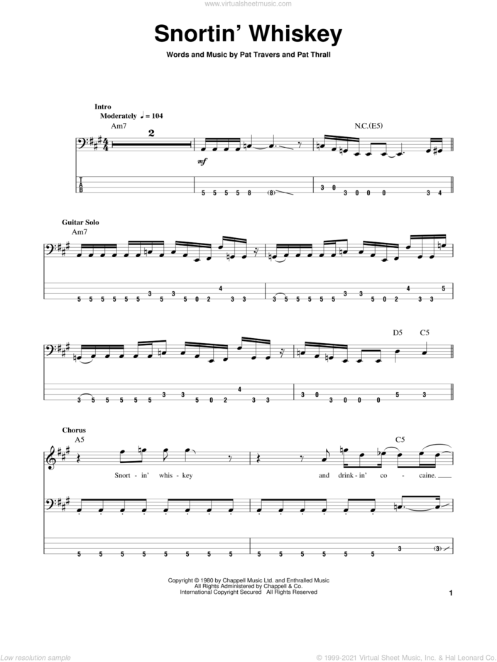 Snortin' Whiskey sheet music for bass (tablature) (bass guitar) by Pat Travers and Pat Thrall, intermediate skill level