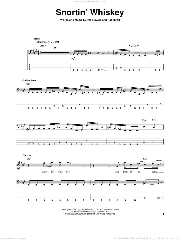 Snortin' Whiskey sheet music for bass (tablature) (bass guitar) by Pat Travers and Pat Thrall, intermediate skill level