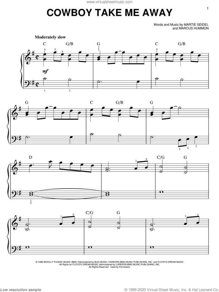 Cowboy Take Me Away, (easy) sheet music for piano solo by The Chicks, Dixie Chicks, Marcus Hummon and Martie Seidel, easy skill level