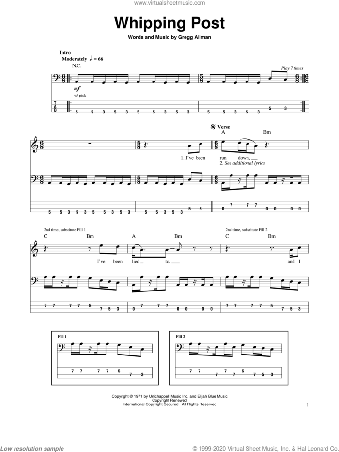 Whipping Post sheet music for bass (tablature) (bass guitar) by Allman Brothers Band, The Allman Brothers Band and Gregg Allman, intermediate skill level