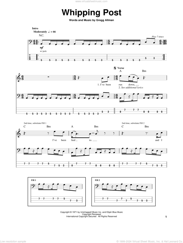 Whipping Post sheet music for bass (tablature) (bass guitar) by Allman Brothers Band, The Allman Brothers Band and Gregg Allman, intermediate skill level