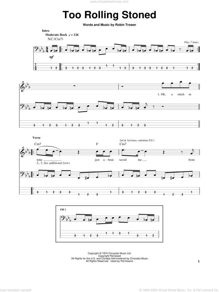 Too Rolling Stoned sheet music for bass (tablature) (bass guitar) by Robin Trower, intermediate skill level