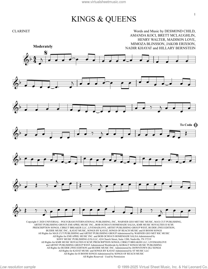 Kings and Queens sheet music for clarinet solo by Ava Max, Amanda Koci, Brett McLaughlin, Desmond Child, Henry Walter, Hillary Bernstein, Jakob Erixson, Madison Love, Mimoza Blinsson and Nadir Khayat, intermediate skill level