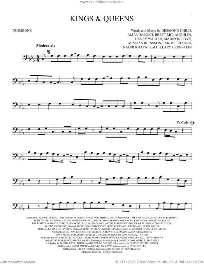 Kings and Queens sheet music for trombone solo by Ava Max, Amanda Koci, Brett McLaughlin, Desmond Child, Henry Walter, Hillary Bernstein, Jakob Erixson, Madison Love, Mimoza Blinsson and Nadir Khayat, intermediate skill level