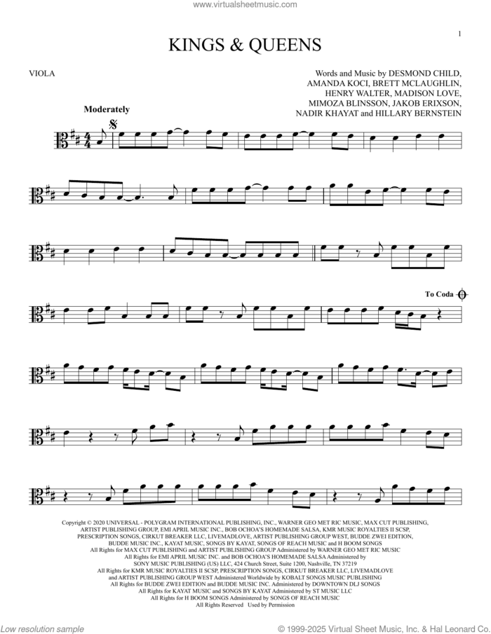 Kings and Queens sheet music for viola solo by Ava Max, Amanda Koci, Brett McLaughlin, Desmond Child, Henry Walter, Hillary Bernstein, Jakob Erixson, Madison Love, Mimoza Blinsson and Nadir Khayat, intermediate skill level